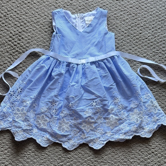 Rare Editions Other - Rare Editions Light Blue Striped Floral Embroidered Dress with Satin Sash